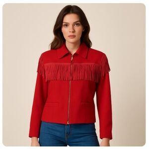 New Frontier Wool Jacket Vintage 80s Western Red Fringe Full Zip Made In USA M